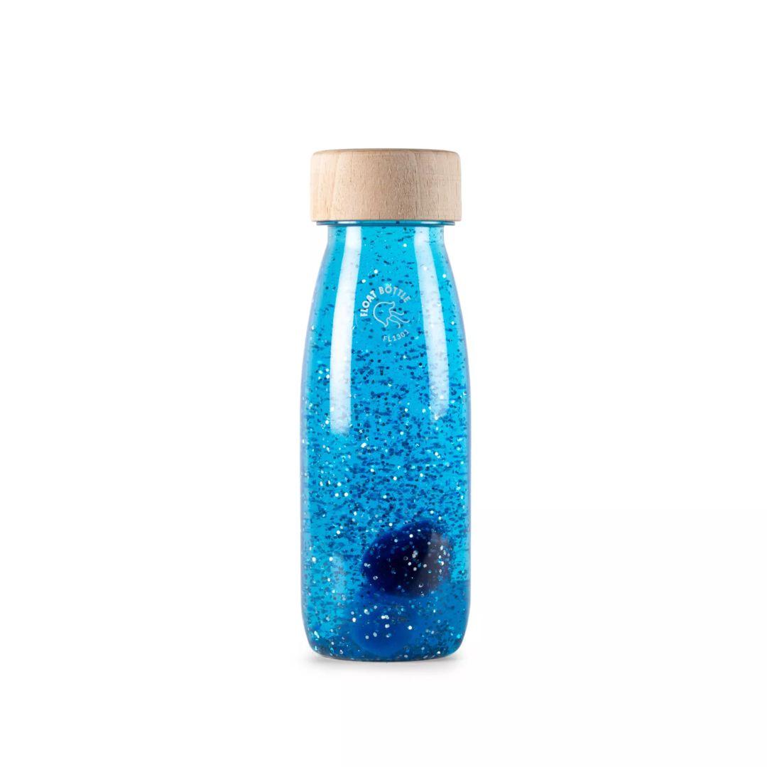 Petit Boum sensory bottle. Sensory float bottle in blue colour with glitters inside.