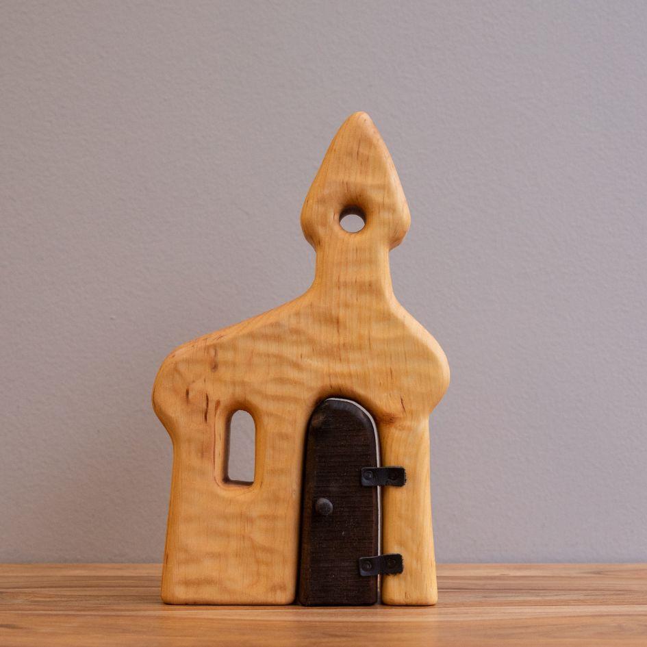 Wooden, Waldorf inspired chapel made by BikeHo. The handcrafted piece is natural, unpainted and has a door.