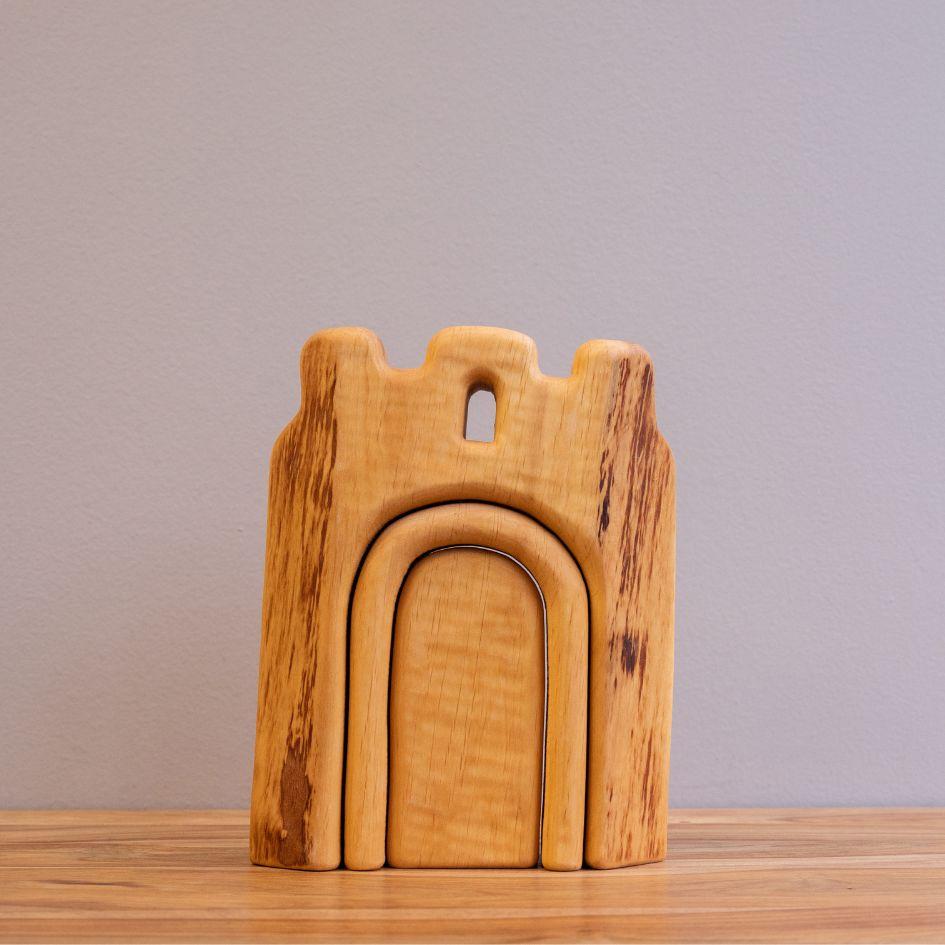 Wooden Waldorf toy, a tower stacker three pieces. Handcrafted from alder wood, left unpainted.