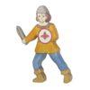 Handcrafted wooden Holztiger figure with orange t-shirt and sword in hand.