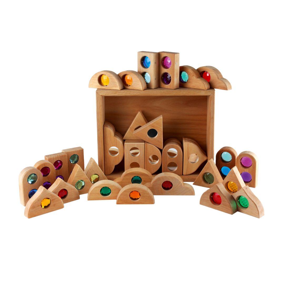 Beautiful natural wooden blocks made of alder wood, with acrylic sparkling inserts. Presented in a sturdy wooden box.