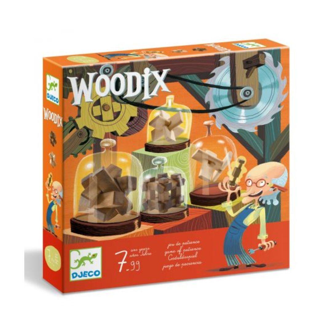 A Djeco set consisting 6 wooden brain teaser puzzles.