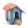 A small Ostheimer wooden house made of blue walls and brown roof, suitable to be used together with the Ostheimer hen and rooster as a hen house.