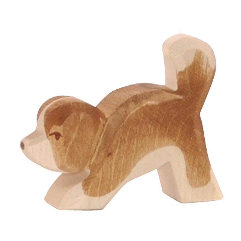 Lesena figura kužka St Bernard Ostheimer z glavo navzdol, del zbirke Family and Farm, za domišljijsko igro in pripovedovanje zgodb, ki jih navdihuje Waldorf.